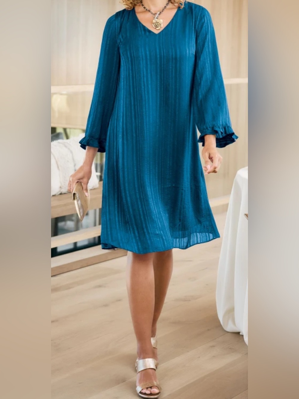 Soft Surroundings Dulce Teal Blue Flutter long Sleeve Shift Dress Women’s large